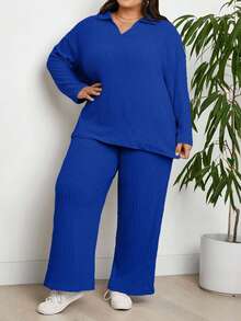EURMUSE Ensemble 2 pièces grande taille, Top ample à manches longues et pantalon large - bleu indigo - Voir 4