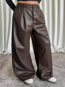 Dazy Plus Plus Size Women Loose Straight PU Leather Biker Pants, Street Style, Versatile For Autumn/Winter - Brown - View 7
