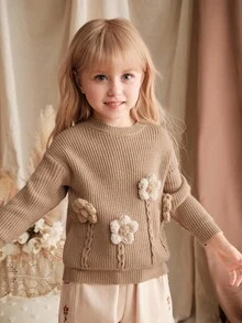 Loomiva Cárdigan de cuello redondo de manga larga con estampado de oso de dibujos animados para niñas, versátil y cómodo, adecuado para otoño/invierno - Caqui - Ver 3