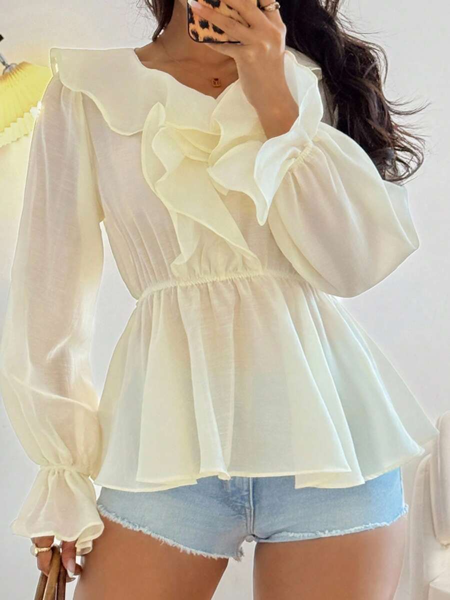 DAZY Áo kiểu nữ thanh lịch màu trơn, tay dài, xếp ly, ôm dáng, thích hợp cho mùa thu và kỳ nghỉ. - Màu vàng - Xem 1