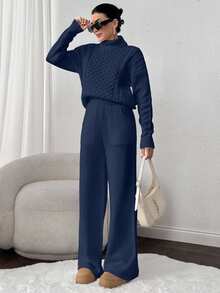 EURMUSE 2pcs Set: Cable Knit Turtleneck Long Sleeve Top And Solid Color Pants - Navy Blue - View 7