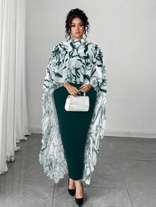 Elenzga Plus Size V-Neck Chiffon Floral Print Ruffle Trim Cape Top + Knit Camisole Dress Elegant 2-Piece Set - Dark Green - View 5
