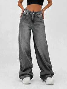 EURMUSE 100% Cotton HIGH RISE WIDELEG FIT VINTAGE WASH WOMEN BAGGY JEANS - Grey - View 5