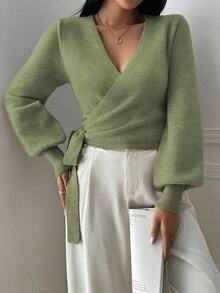 EMERY ROSE Áo len dài tay bồng cổ chữ V thắt eo họa tiết hoa thanh lịch dành cho nữ - Màu xanh Bạc hà - Xem 4