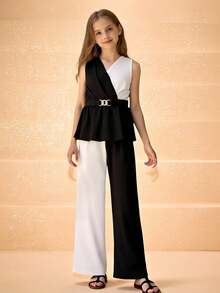 少女无袖上衣 + 黑白撞色长裤，优雅套装，适合上学、参加派对、万圣节、圣诞节等场合。 - 黑色 - 查看 1