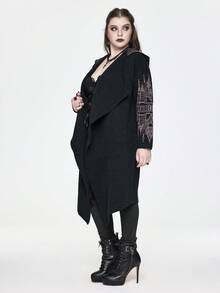 ROMWE EDITION 深色哥特式宫殿印花流苏边大码连帽开衫 - 黑色 - 查看 6