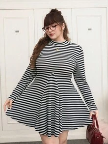 SHEIN EZwear Plus Size Casual & Homewear Black & White Ribbed Long Sleeve Dress Striped Dress Mock Neck Dress - Black and White - View 3