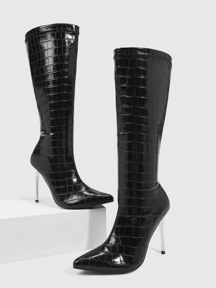 CUCCOO SZL Women's Fashion Sexy Pointed Toe Stiletto Heel Knee-High Boots, Black With Inner Zipper