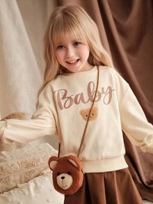 Loomiva YYoung Girls Cute Bear Print Crew Neck Sweatshirt, Comfortable Casual Pullover Suitable For Everyday Wear And School, Autumn/Winter Fall - Beige - View 6
