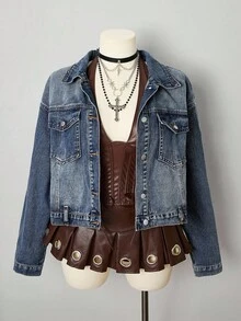 Sunspun Chaquetas de mezclilla de talla grande estilo punk - Azul - Ver 3