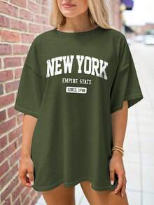 EMERY ROSE Plus Size Women's Casual New York Letter Print Loose Fit Mid-Length Short Sleeve Round Neck T-Shirt - Army Green - View 4