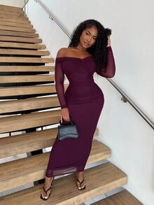 Alexandranx Romantic Off-Shoulder Mesh Twist Ruched Fitted Long Sleeve Dress For Women,Summer Dresses For Women,Tea Party Dress - Violet Purple - View 4