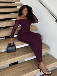 Alexandranx Romantic Off-Shoulder Mesh Twist Ruched Fitted Long Sleeve Dress For Women,Summer Dresses For Women,Tea Party Dress - Violet Purple - View 5
