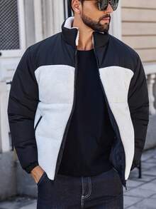 Manfinity CasualCool Men's Patchwork Sherpa Fleece Fabric Casual Loose Comfortable Sports Street Mature Stand Collar Padded Coat, Winter, Fall - Black and White - View 3