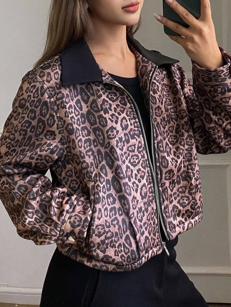 Women's Leopard Print Patchwork Contrast Color Loose Zip-Up Long Sleeve Casual Street Jacket, Autumn/Winter