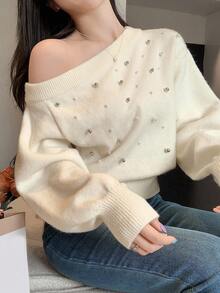 DAZY Beaded & Pearl Decor Oblique Shoulder Crop Tight Fit Long Sleeve Elegant Knit Sweater For Women, Autumn/Winter - Apricot - View 5