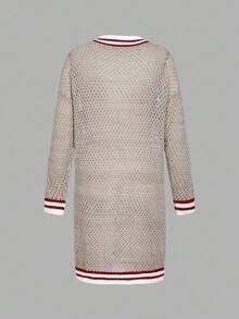 Skyraze Women's Casual Striped Trim Hollow Out Cardigan In Fall/Winter - Khaki - View 2