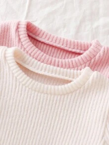 4 件套女童韩版拉绒罗纹长袖上衣和打底裤家居服套装，秋冬 - 藕粉色 - 查看 5