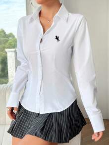 SHEIN EZwear 女士休闲简约刺绣Logo收腰长袖衬衫，适合秋冬季穿着 - 彩色 - 查看 5