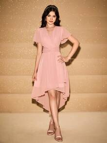 Teen Girl Solid Color V-Neck Short Sleeve Formal Dress Fall Winter