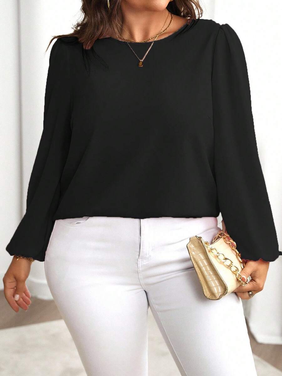 SHEIN Clasi Plus Size Women's Elegant Solid Color Minimalist Round Neck Long Sleeve Blouse Fall - Black - View 1