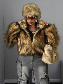 Maweii Plus Size Women Faux Fur Lapel Zip-Up Waist Cinched Short Jacket, Rugged Outerwear, Brown, Autumn/Winter - Brown - View 5
