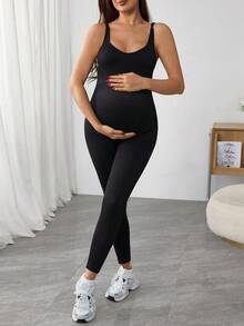 SHEIN 孕妇休闲纯色无袖连体裤 - 黑色 - 查看 5