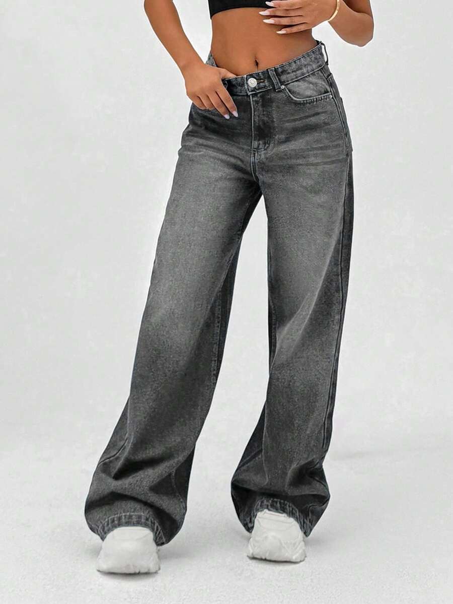 EURMUSE 100% Cotton HIGH RISE WIDELEG FIT VINTAGE WASH WOMEN BAGGY JEANS - Grey - View 1