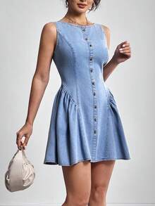 Elenzga Đầm denim không tay cổ tròn đơn giản, tối giản, màu trơn dành cho nữ - Màu xanh lam - Xem 8