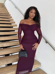 Alexandranx Romantic Off-Shoulder Mesh Twist Ruched Fitted Long Sleeve Dress For Women,Summer Dresses For Women,Tea Party Dress - Violet Purple - View 1
