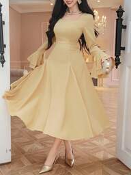 DAZY Women's Elegant Solid Color Ruffle Sleeve Mid-Length Dress, Autumn Prom Dress