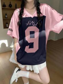 DAZY 女士 V 领短袖运动休闲 T 恤 - 粉色 - 查看 5