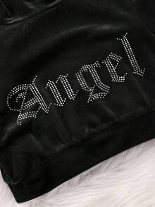 SHEIN Fashionable And Cute Baby Girl 2Pcs Sets Rhinestone Letter Pattern Velvet Hoodie & Flare Pants ,Sweatpants, Outfits,Cute & Casual & Vintage,Great For Casual & Daily Wear & School Daily In Summer & Autumn,For Christmas - Black - View 6