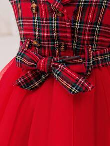 Glamorique Kids Vestido elegante de niña bebé a cuadros rojos con contraste de malla, adecuado para uso diario, fiestas y reuniones, que muestra la inocencia y la ternura de la niña pequeña - Rojo - Ver 8