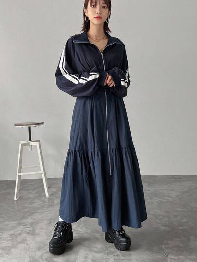 FRIFUL 女式长袖前拉链条纹荷叶边连衣裙，春秋