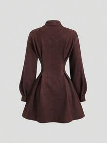 Sweetra Women's New Spring/Autumn Suitable For Travel, Vacation, Commute, College Style Solid Color Suede Fabric Waist Ruched Design A-Line Mini Dress - Coffee Brown - View 2