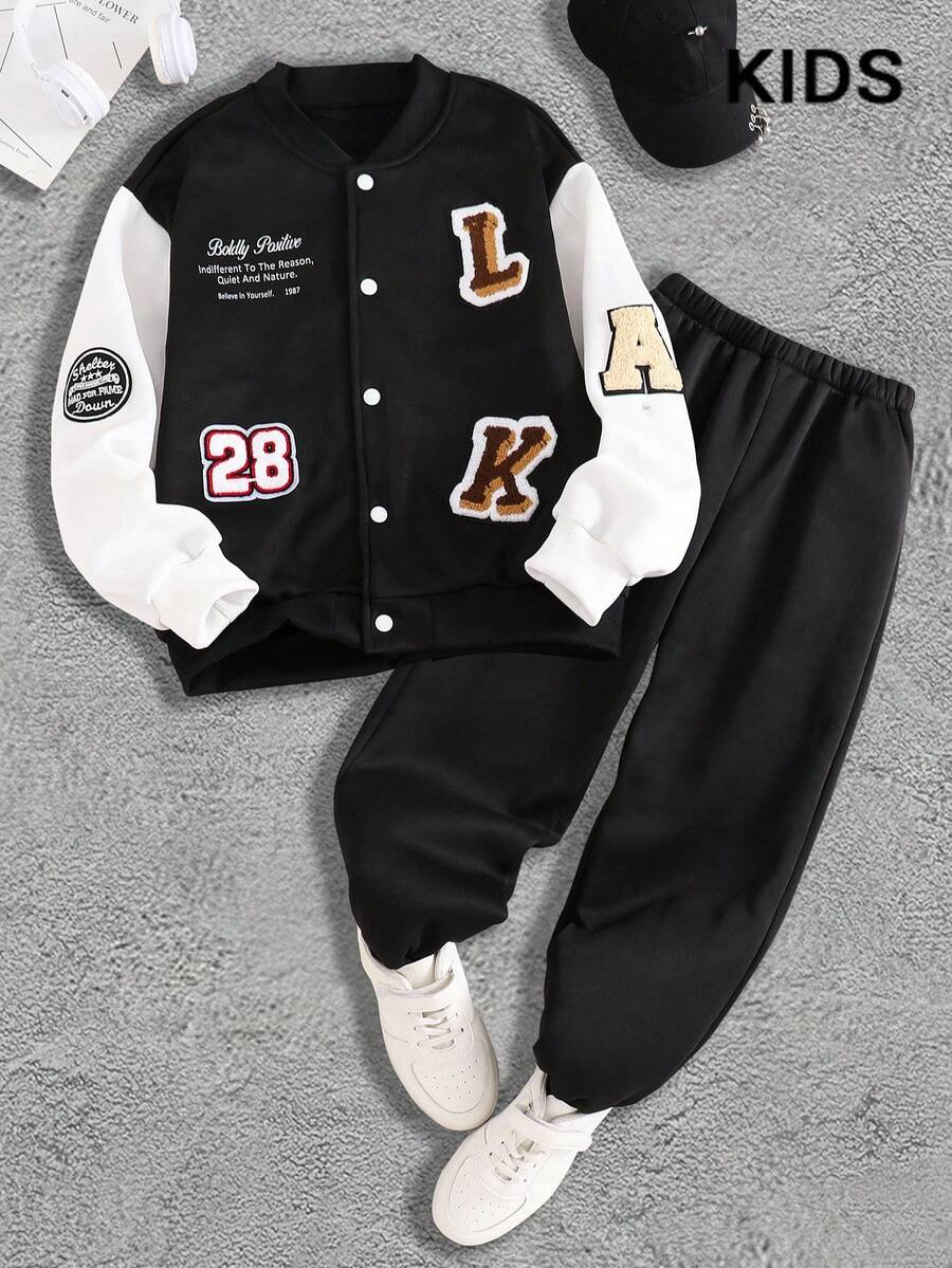 PAVTROS 男童休闲街头运动学院风黑白字母印花棒球夹克两件套，搭配慢跑裤，秋冬 - 彩色 - 查看 1