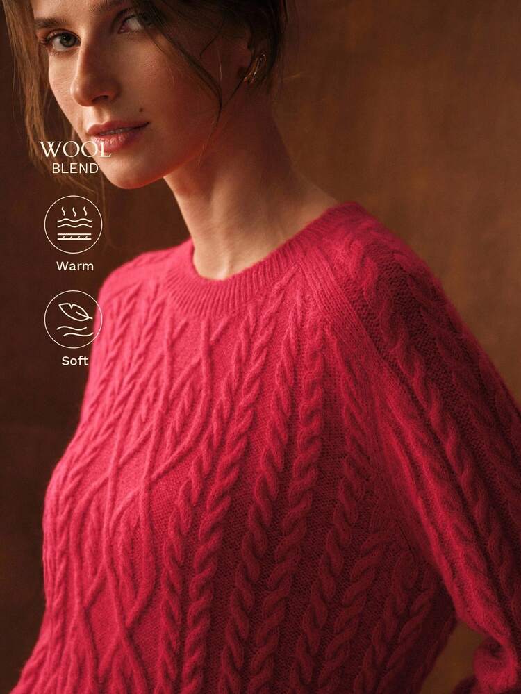 CABLE KNIT RAGLAN SLEEVE SWEATER, FALL WINTER, CHRISTMAS, RED, NEW YEAR
