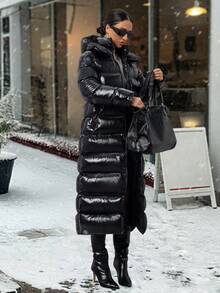 SHEIN Tall Women Long Padded Coat With Adjustable String At Waist, Bright Fabric, Hood, Elegant Streetwear And Casual Everyday Travel Black Winter - Black - View 10
