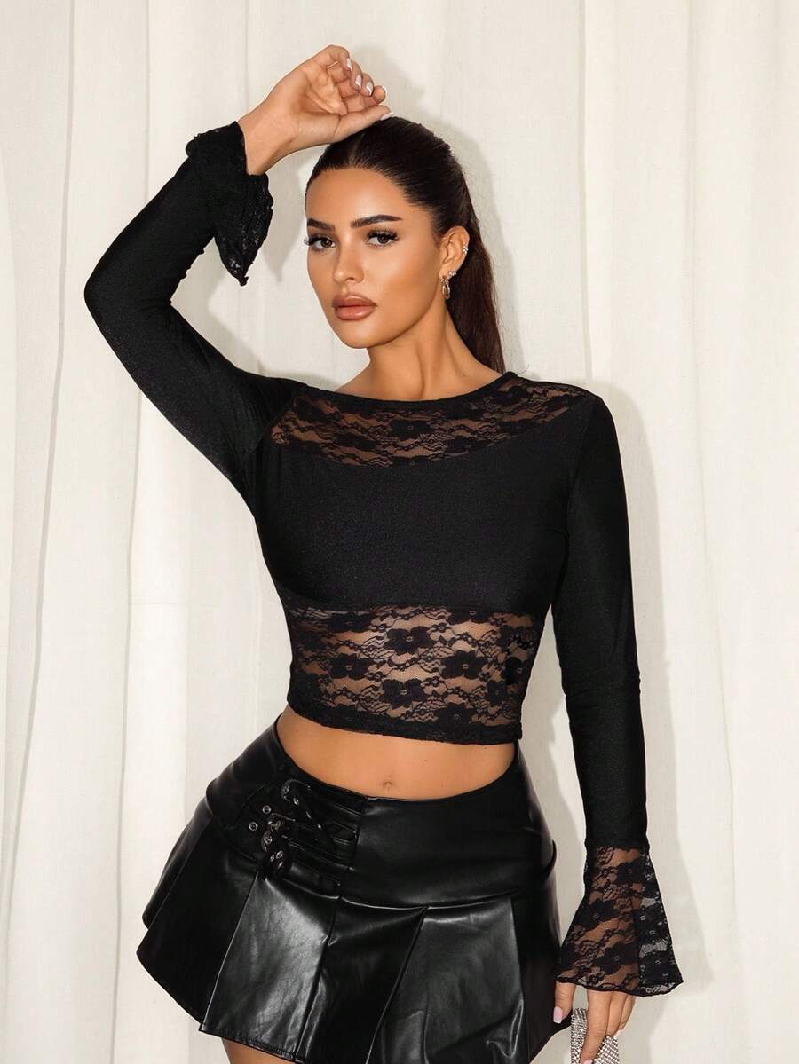 Sirith Women's Fashion Casual Long Sleeve Lace Patchwork Sheer T-Shirt - Black - View 1