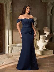 Aureia Gaun Pesta Pernikahan Formal Musim Panas Warna Biru Tua Elegan Ukuran Plus, Gaun Tanpa Bahu dengan Detail Kerut, Bordir Jala, Motif Bunga 3D, Belahan Palsu, dan Potongan Ekor Ikan. - Navy Blue - View 5
