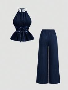 Sweetra Women's French Style Loose Solid Color Drawstring Halter Top And Relaxed Wide Leg Casual Chic 2-Piece Set - Navy Blue - View 2