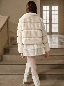 SHEIN Unity Women's Autumn/Winter Sequin Patchwork Faux Fur Trim Long Sleeve Fashionable Jacket, Suitable For Party Occasions - White - View 2