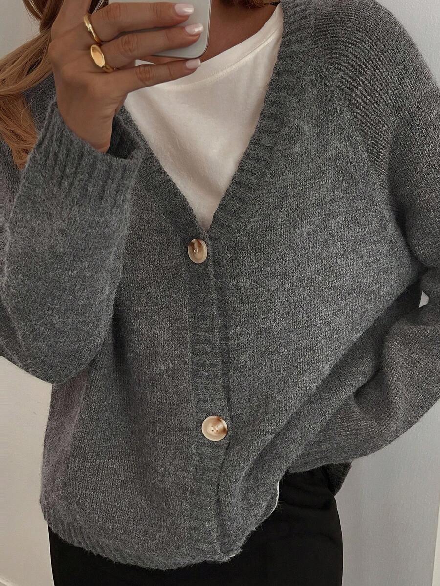 DAZY 女士V领宽松灰色长袖开衫 - 深灰色 - 查看 1