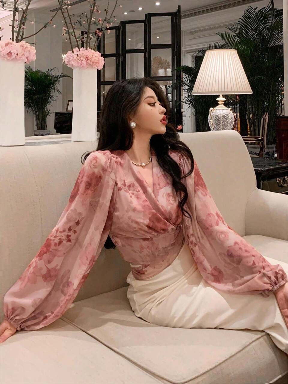 Floral Print Lantern Sleeve Tie-Waist Shirt For Spring And Summer Valentine Valentine's Day Long Sleeve Top Valentine's Day