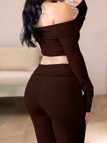 INAWLY Bộ 2 áo crop top tay dài trễ vai và quần ống loe ôm sát cho nữ, màu trơn - Cà phê nâu - Xem 2