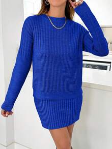 EURMUSE Casual Rib Knit Sweater & Mini Rib Knit Sweater Skirt Co-Ords - Royal Blue - View 5