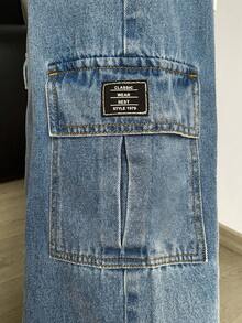 Tween Boy Fashion Casual Vintage Cool Street Patch Details Loose Comfortable And Refreshing Pocket Design Blue Cargo Loose Jeans For Dailywear And Spring To Summer Rave Festival And Streetwear - Blue - View 5