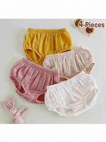 Loomiva 4pcs/Set Newborn Baby Boy/Girl Solid Color Elastic Waist Ruffle Hem Bloomers Shorts Set - Multicolor - View 1