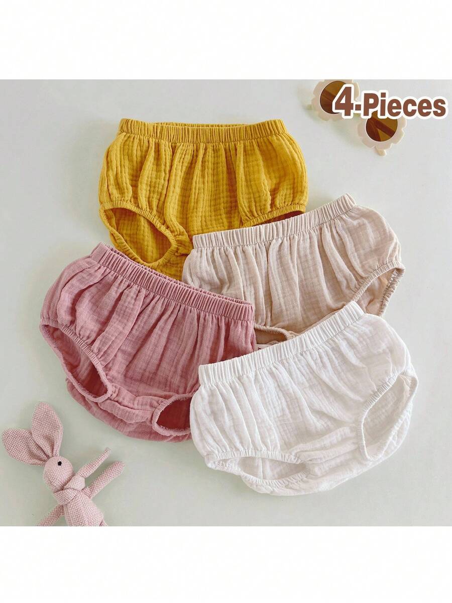 Loomiva 4pcs/Set Newborn Baby Boy/Girl Solid Color Elastic Waist Ruffle Hem Bloomers Shorts Set - Multicolor - View 1